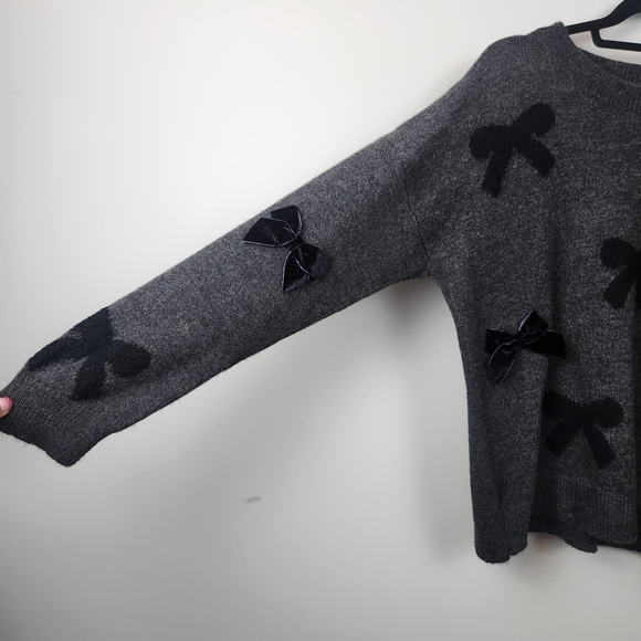 Anthropologie Maeve 3D Velvet Bow Charcoal Cute Sweater Cozycore Size S Preppy - Picture 4 of 13